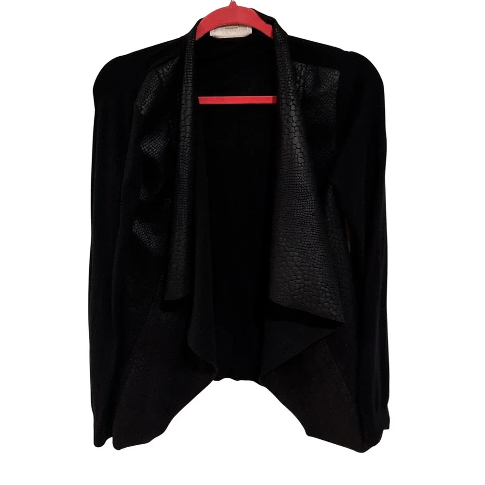 Michael Kors Women Medium Black Draped Cardigan Faux Leather Trim Moto Edgy Work